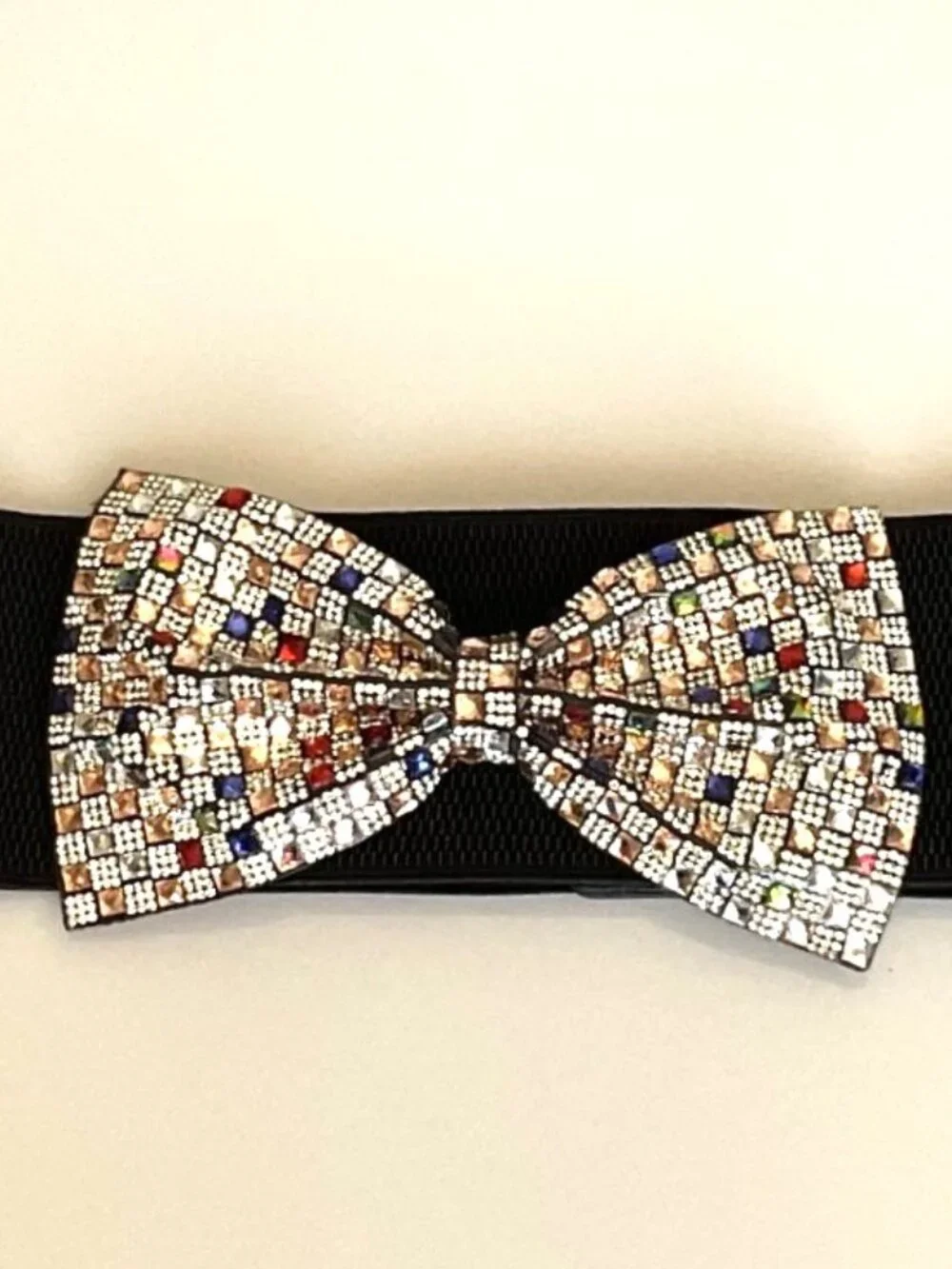 NWT Y2K Glam Multicolor Rhinestone Bow Elastic Waist Belt Black M/L Party